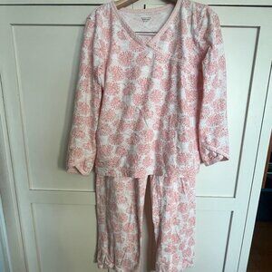 Garnett Hill Green Cotton Asian Wrap Long Pajama Set Woman's Sz Small Pink/White
